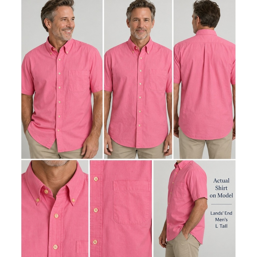 Lands End Mens L Tall 16-16.5 Pink Oxford Shirt Short Sleeve Button Down Cotton